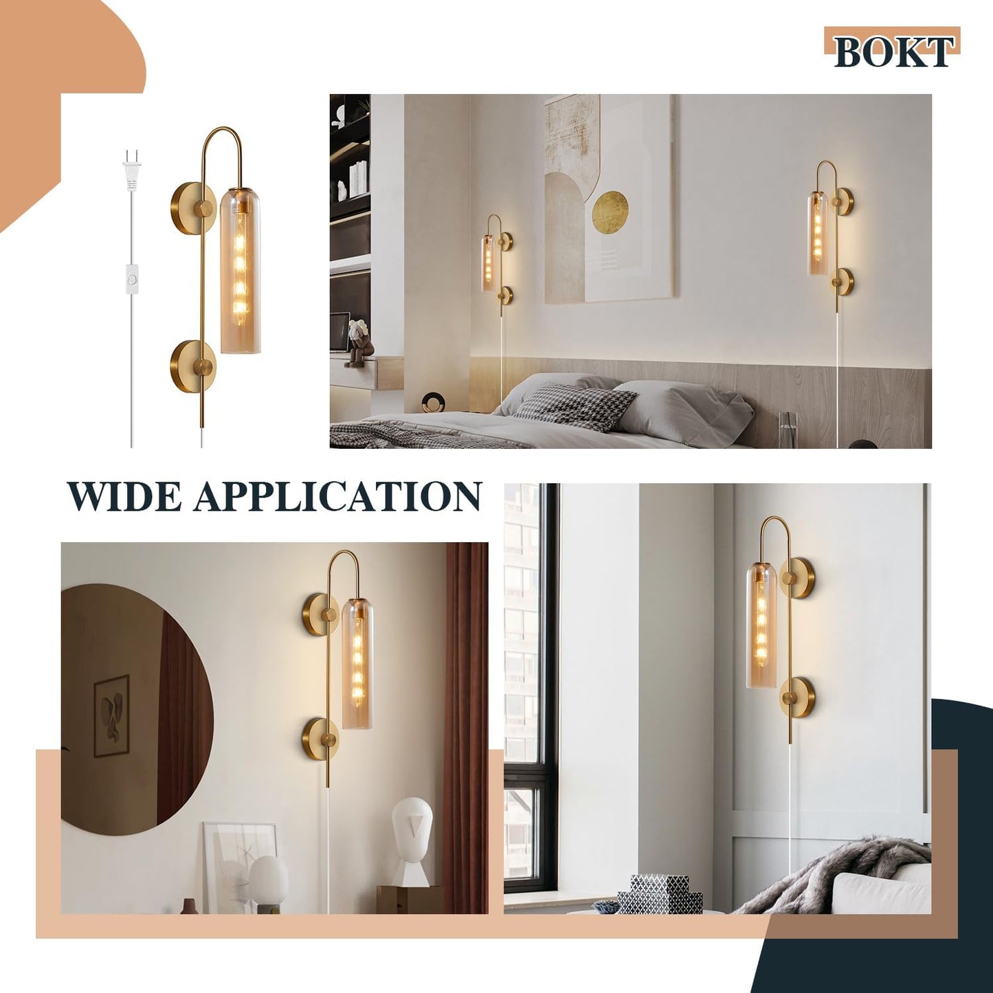 BOKT Modern 1-Light Amber Glass Wall Sconce Plug in Mid Century Brass Gold Wall Sconce Lighting Plug in Cord Industrial Vintage Indoor Long Bathroom Bar Wall Lamp (Amber)