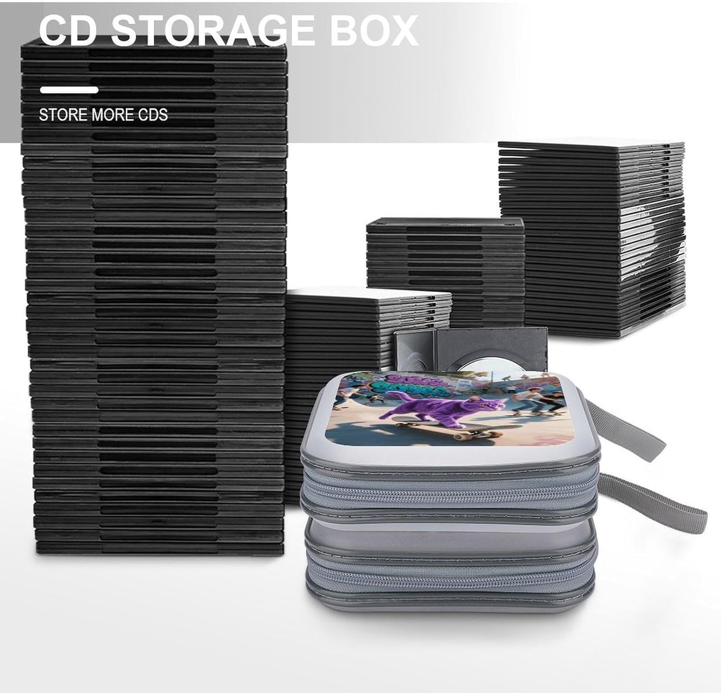 Skate Cat CD Case Portable Zipper CD Case 40 Capacity Hard Plastic DVD Cases Holder Large Storage Disc Wallet Bag for Car Home Travel DVD Collection Bag