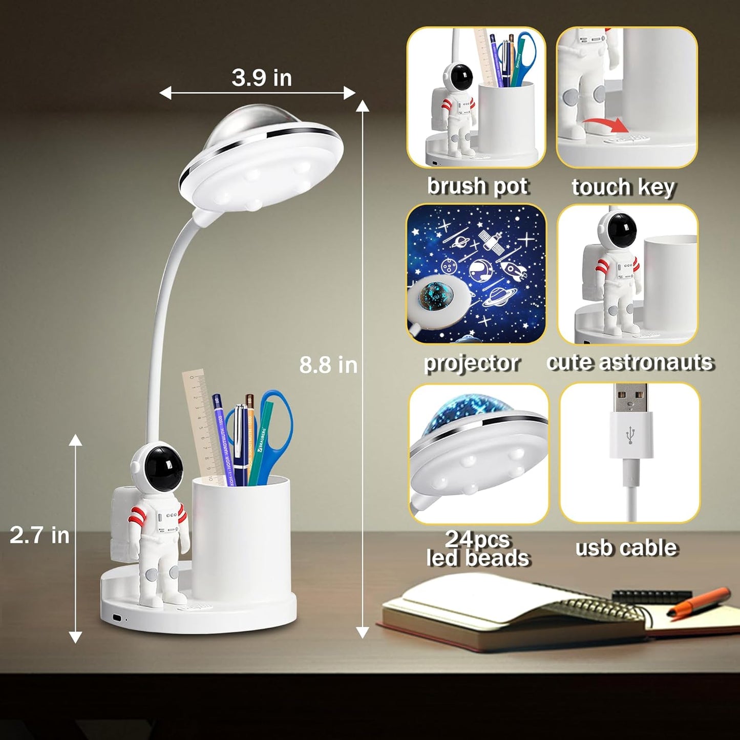 Astronaut Desk Lamp for Kids,Star Space Projector Space Rocket Lamps,Astronauta Lights with Pen Holder,Step-Less Dimming Lighting,Eye-Care Reading Small Desk Lamps for Bedroom,Gifts for Boys and Girls