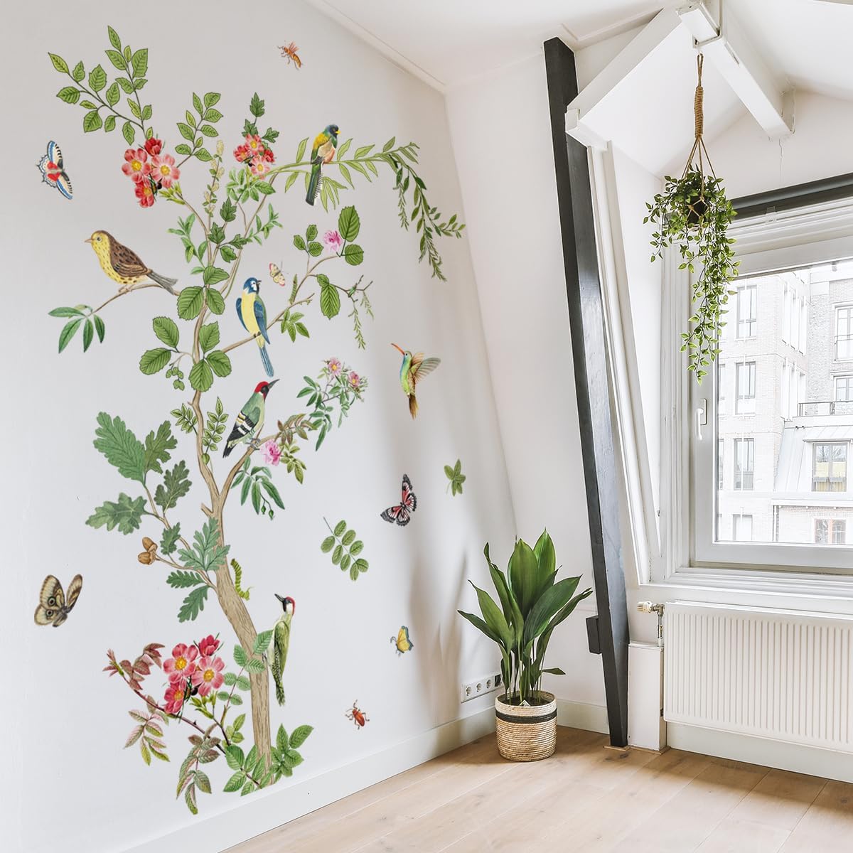 Runtoo Large Tree Branch Wall Decal Vintage Floral Plants Birds Wall Art Stickers for Bathroom Living Room Bedroom Nursery Decor