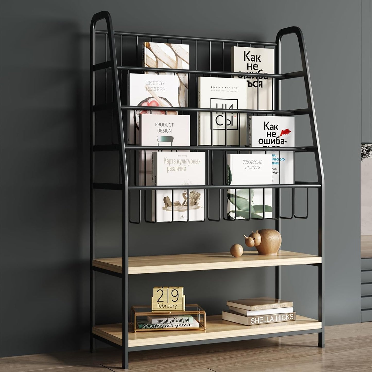 Bookshelf for Kids,Modern Magazine Rack Floor,Freestanding Bookcase for Books,Kids Picture Books,CD DVD & Vinyl Record Storage,Metal Display Shelf with Wooden Shelves(Black, L:31.5")