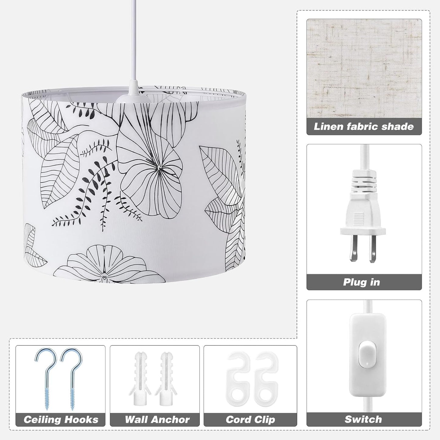 Plug in Pendant Light, 15 FT Hanging Lamp with Plug in Cord, On/Off Switch, Pendant Lighting with Fabric Shade, Hanging Light Fixture for Living Room, Bedroom, Dining Room, Kitchen