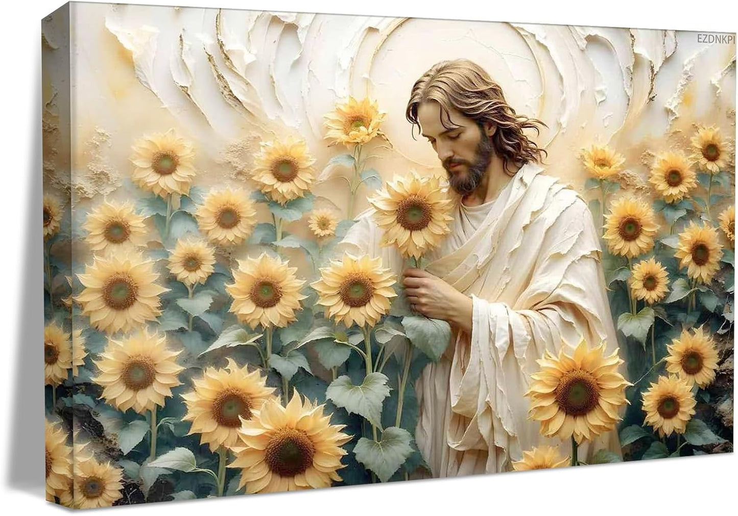 Jesus Christ in Sunflower Field with Divine Halo Canvas Print, Religious Inspirational Wall Art Poster Wall Decor for Living Room Bedroom Church Meditation Space to Create Peaceful and Sacred Space 8x12inch Framed