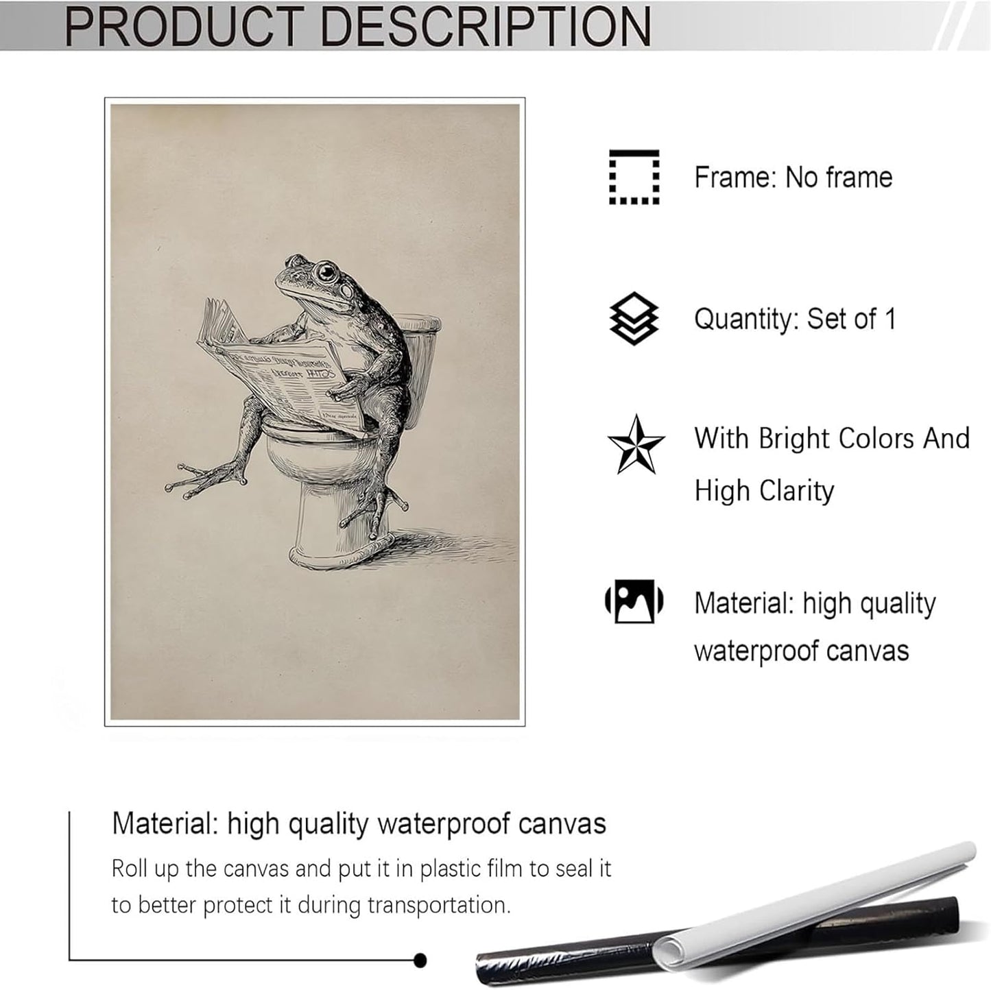Funny Bathroom Animal Poster Frog Reading Newspaper On Toilet Wall Art Whimsical Quirky Sketch Artwork Aesthetic Prints Painting For Apartment Bathroom Restroom Wall Decor 12x16in Unframed