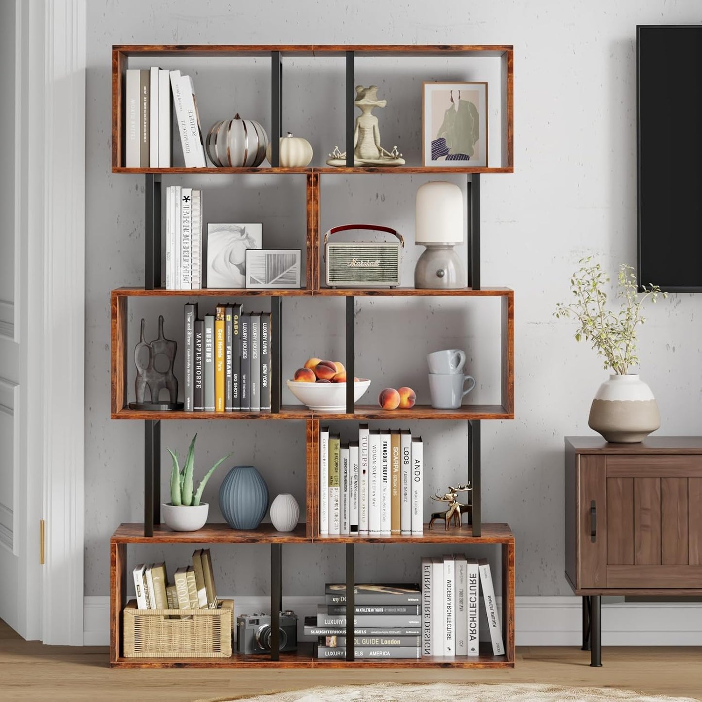 Furologee 6 Tier Bookshelf, Tall S Shaped Geometric Bookcase, Modern Display Shelf Standing Unit, Wood Metal Decorative Divider Rack for Living Room Bedroom Office, Rustic Brown | Tall, Bookcase, Display, Book Shelf, Decorative, Bookshelves