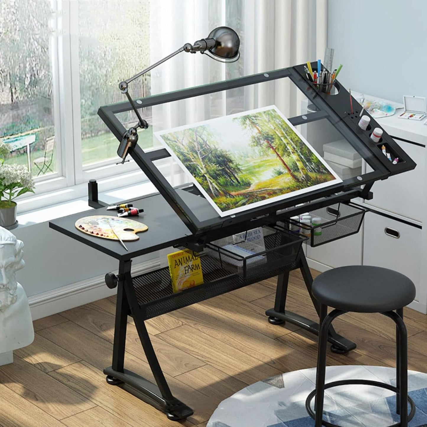 Drawing Tilting Tablet,Drafting Desk, Glass Top Drafting Table, Height Adjustable Drawing Desk Art Table, Tiltable Tabletop Art Craft Desk Paintings Work Station, 2 Drawers,