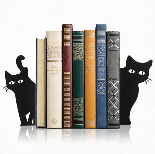 Peeping Cat Bookends Set of 2 - Heavy Duty Metal Bookends for Study & Office Bookshelf, Decorative Cat Lover Gifts, Non-Slip Book Organizers with Whimsical Peeking Cat Design
