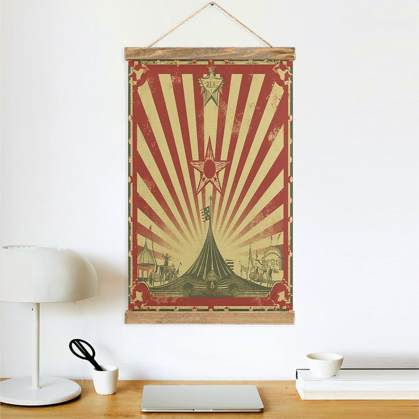 Vintage Vintage Circus Background Poster with Wooden Frame Personalized Linen Hanging Scroll Painting Rustic Wall Hanging Illustrative Modern Artwork Decor for Home Living Room Bedroom Office