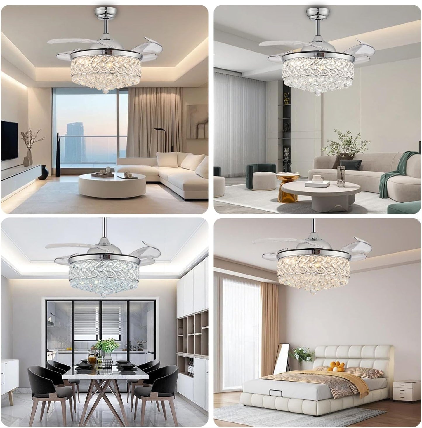 48" Crystal Ceiling Fan with Light and Remote，Dimmable Fandelier with Invisible Retractable Blades, Modern Chandelier Ceiling Fans with Lights for Bedroom Living Room 6 Speed Chrome