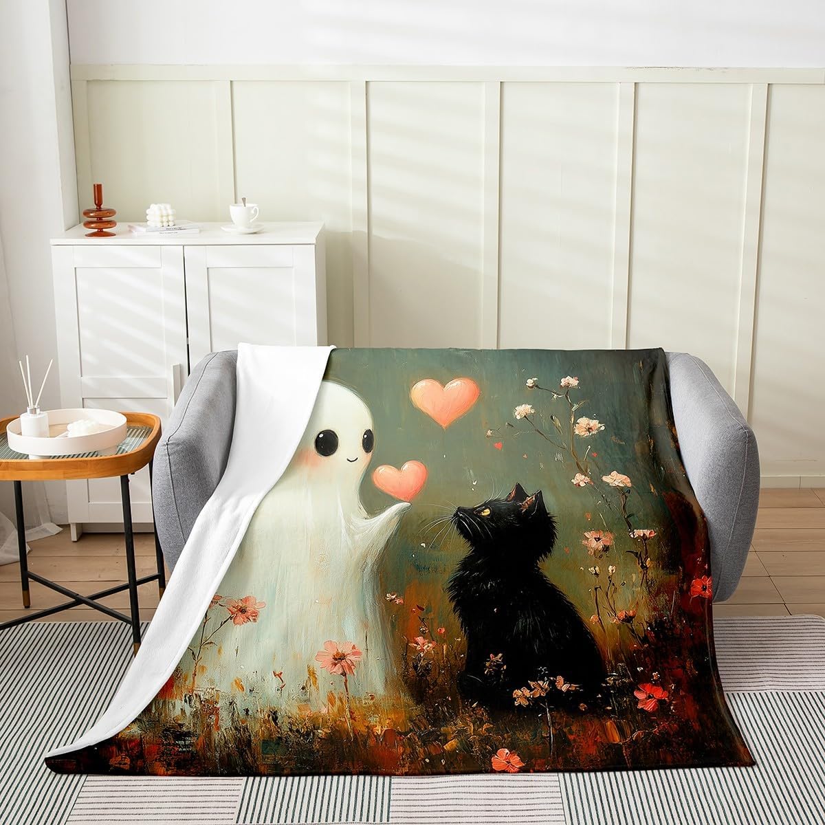 Cute Ghost Flannel Blanket Boys Girls,Halloween Ghost Black Cat Kawaii Fuzzy Blanket All Season Bed Blanket,Pink Love Hearts Romantic Floral Oil Paint Plush Blanket,Throw 50 x 60 Inches