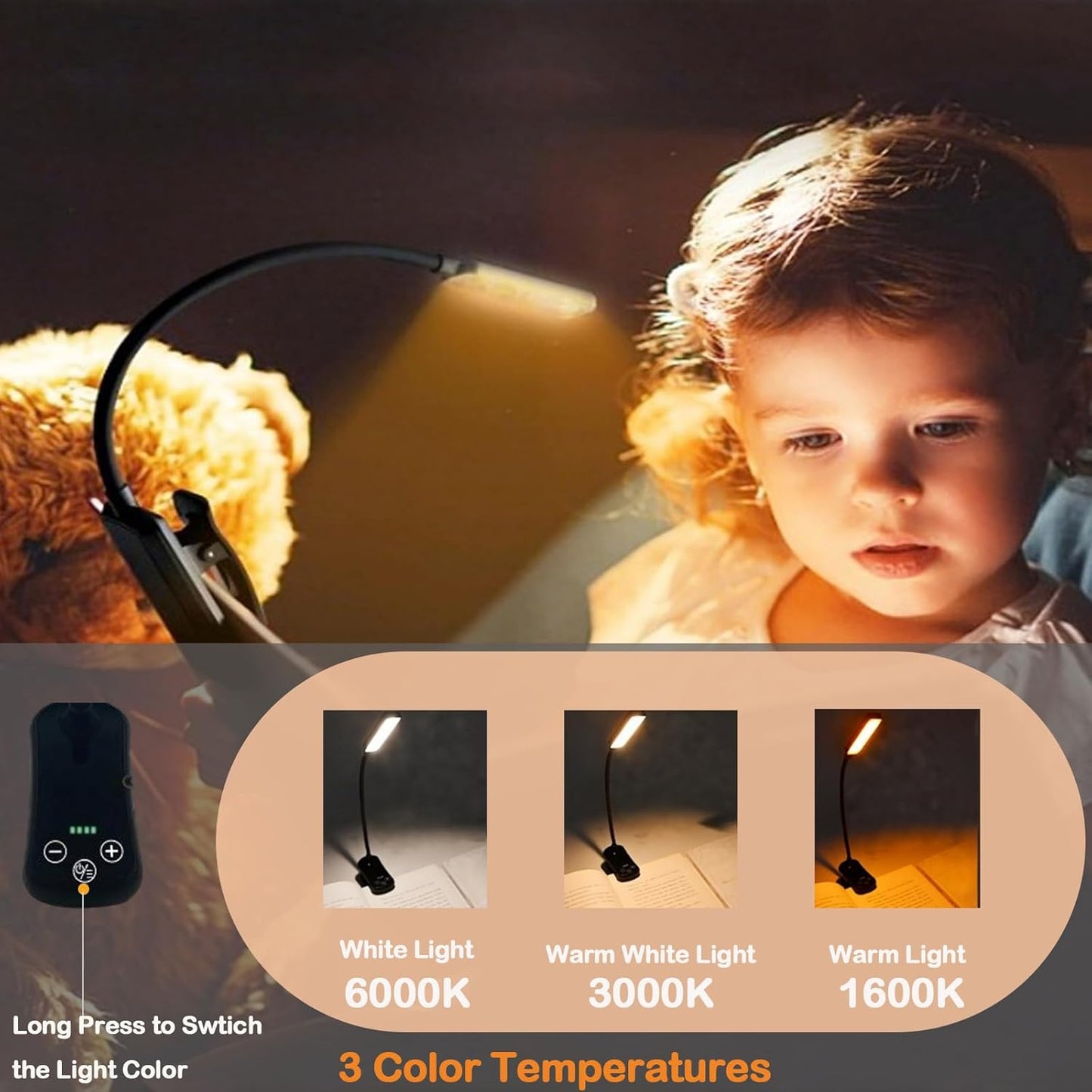 14 LED Rechargeable Book Light for Reading in Bed with Foldable Double Headed- Eye Caring 3 Color Temperatures,Stepless Dimming Brightness,80 Hrs Runtime Lightweight Clip on Light for Book Lovers