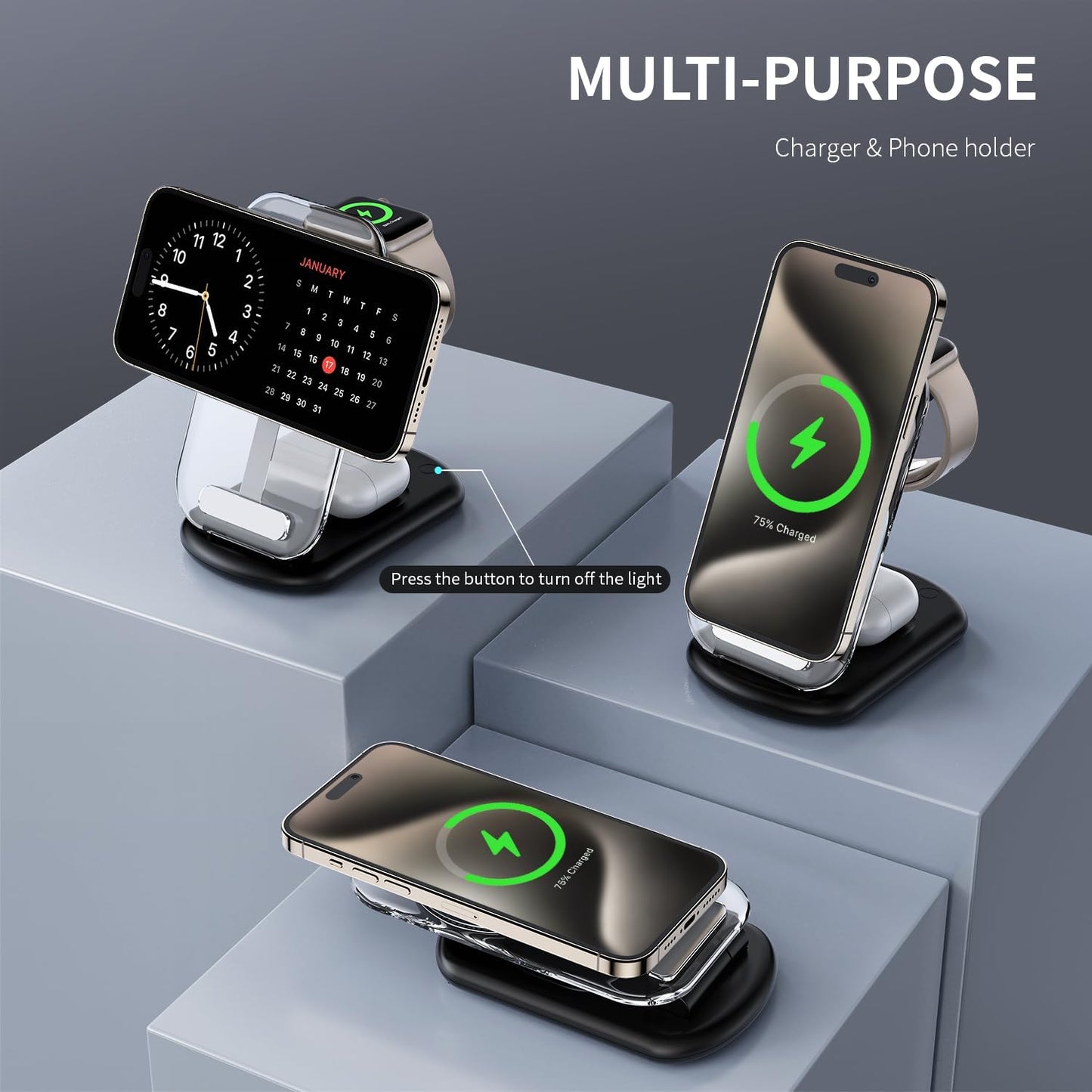 2026 Traveling Wireless Mag-Safe Fast Charging Station,Magnetic 3 in 1 Charger with Light for iPhone 17 16 15 14 13 12 Pro Max Plus,Apple Watch & Air pods 4 3 2 Pro-Gifts for Wife & Husband(Black)