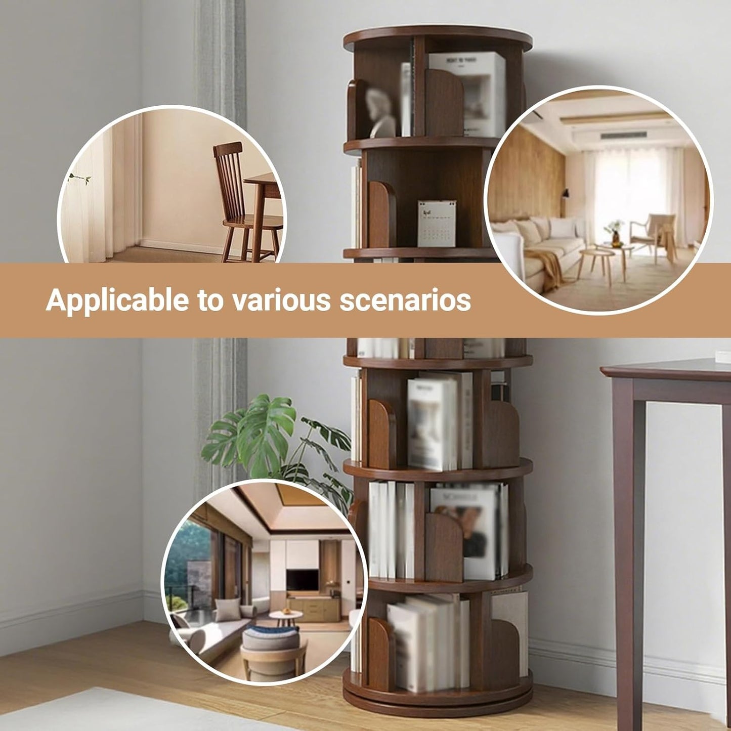 Wooden Adjustable Vertical Spine Rotating Book Tower Floor 360 ° Rotatable Etagere Bookcase with Solid Wood Frame for Living Room, Kitchen, Home Office(White,3-Layer)
