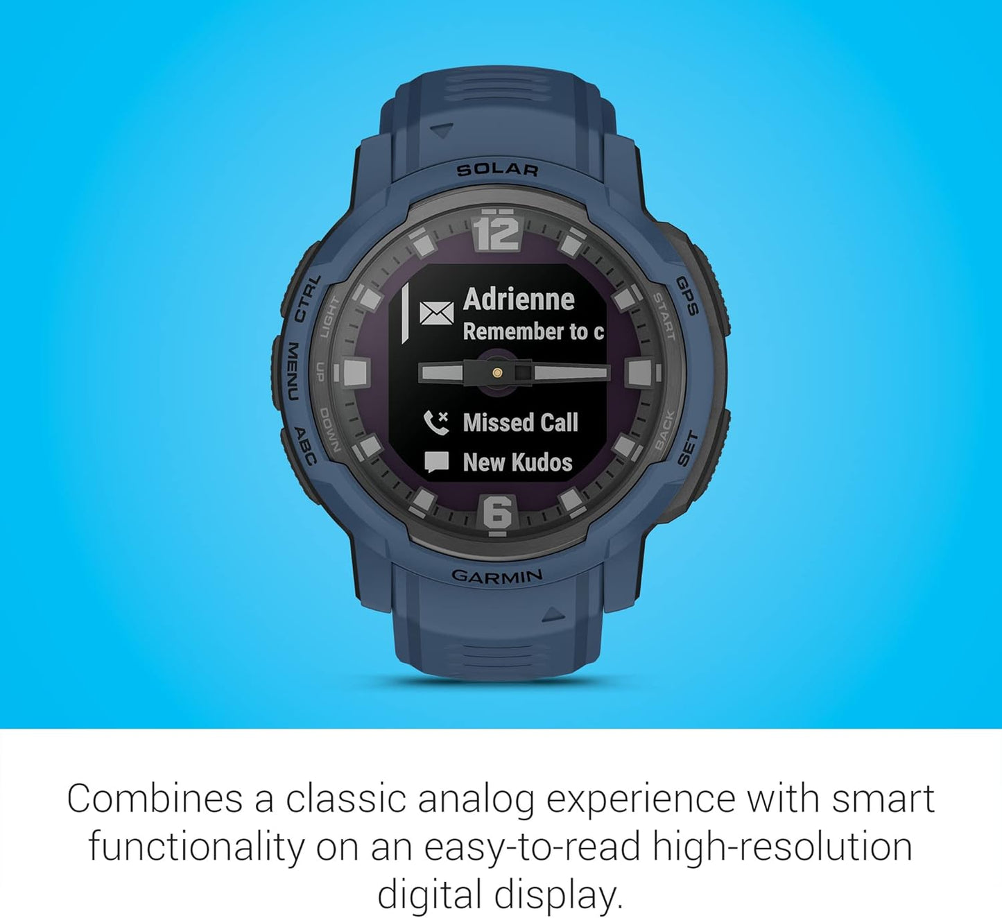 Garmin Instinct Crossover Solar, Rugged Hybrid Smartwatch with Solar Charging Capabilities, Analog Hands and Digital Display, Tidal Blue