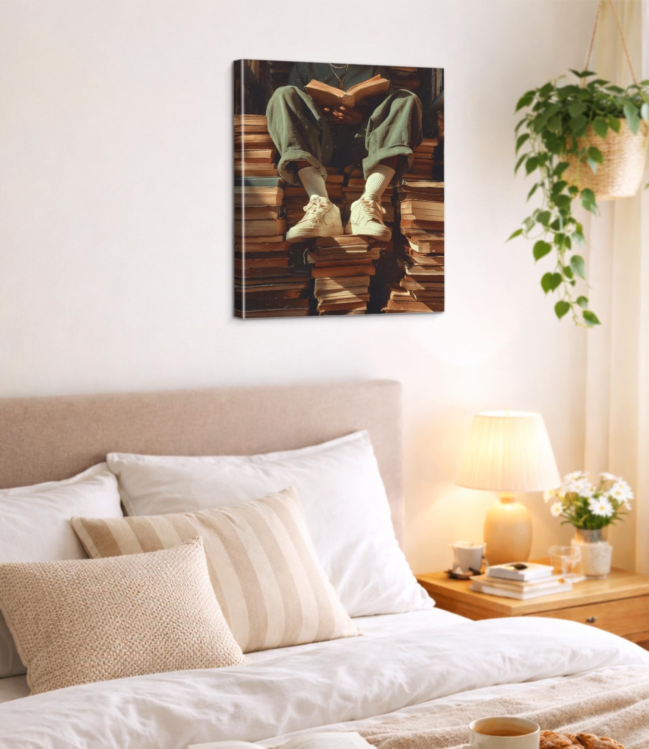 Black Man Reading Wall Art Print - Bookish Man on Books Canvas Poster Painting - Book Lover Gifts Wall Decor for Home Reading Nook Study 8x10 Inch Framed