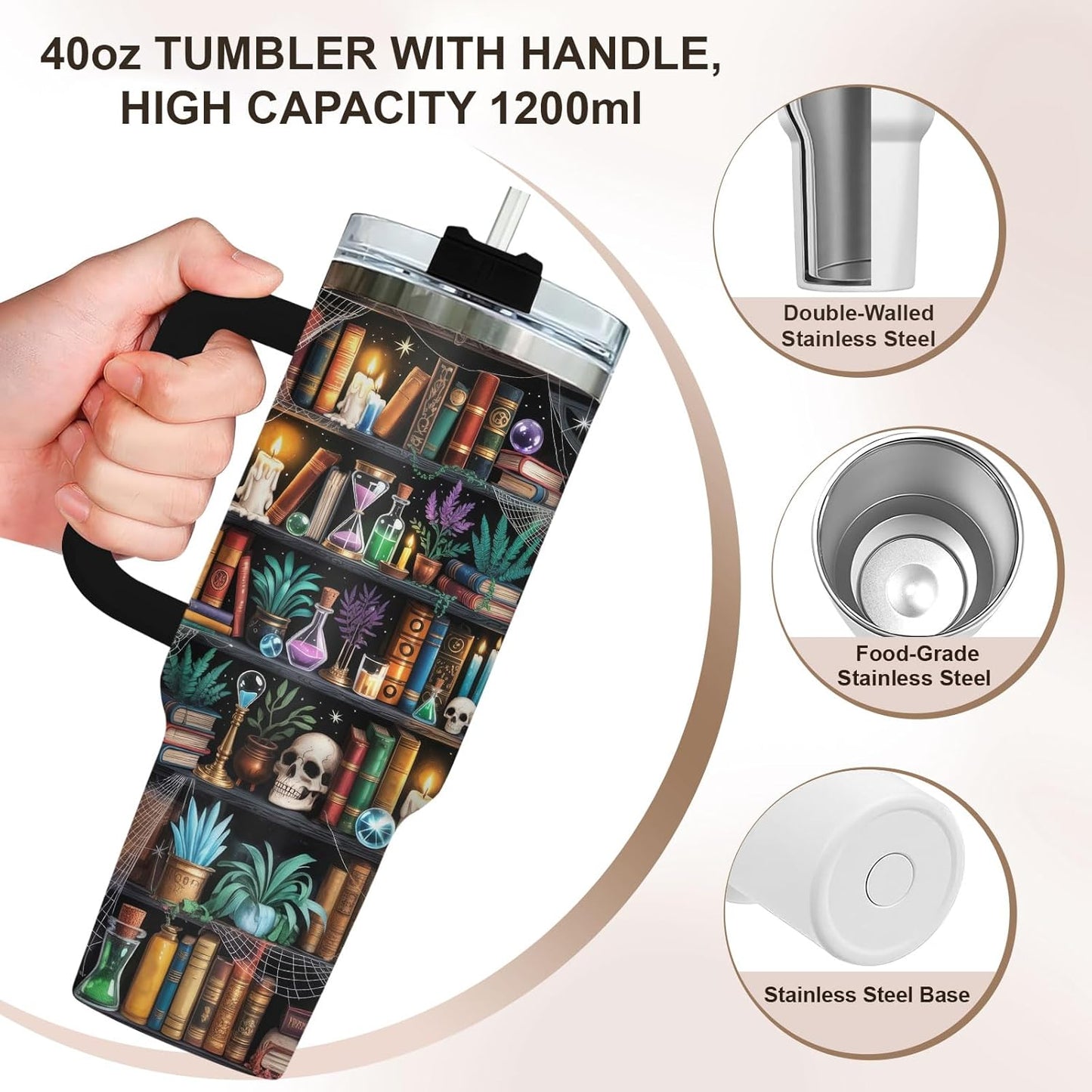 Reading Bookshelf Tumbler 40oz With Handle And Straw, Insulated Stainless Steel Travel Cup, Bookish Water Bottle For Daily Use, Birthday Gift For Book Lovers