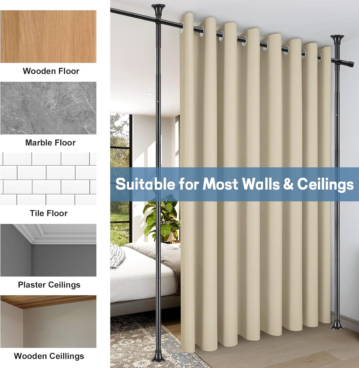 Room Divider Curtain Rod, No Drilling Rod, 48-120inch (H) 28-144inch(W) Adjustable Partition Hanging Room Dividers, Room Partitions and Dividers Floor to Ceiling Self Stand for Space Partition Black
