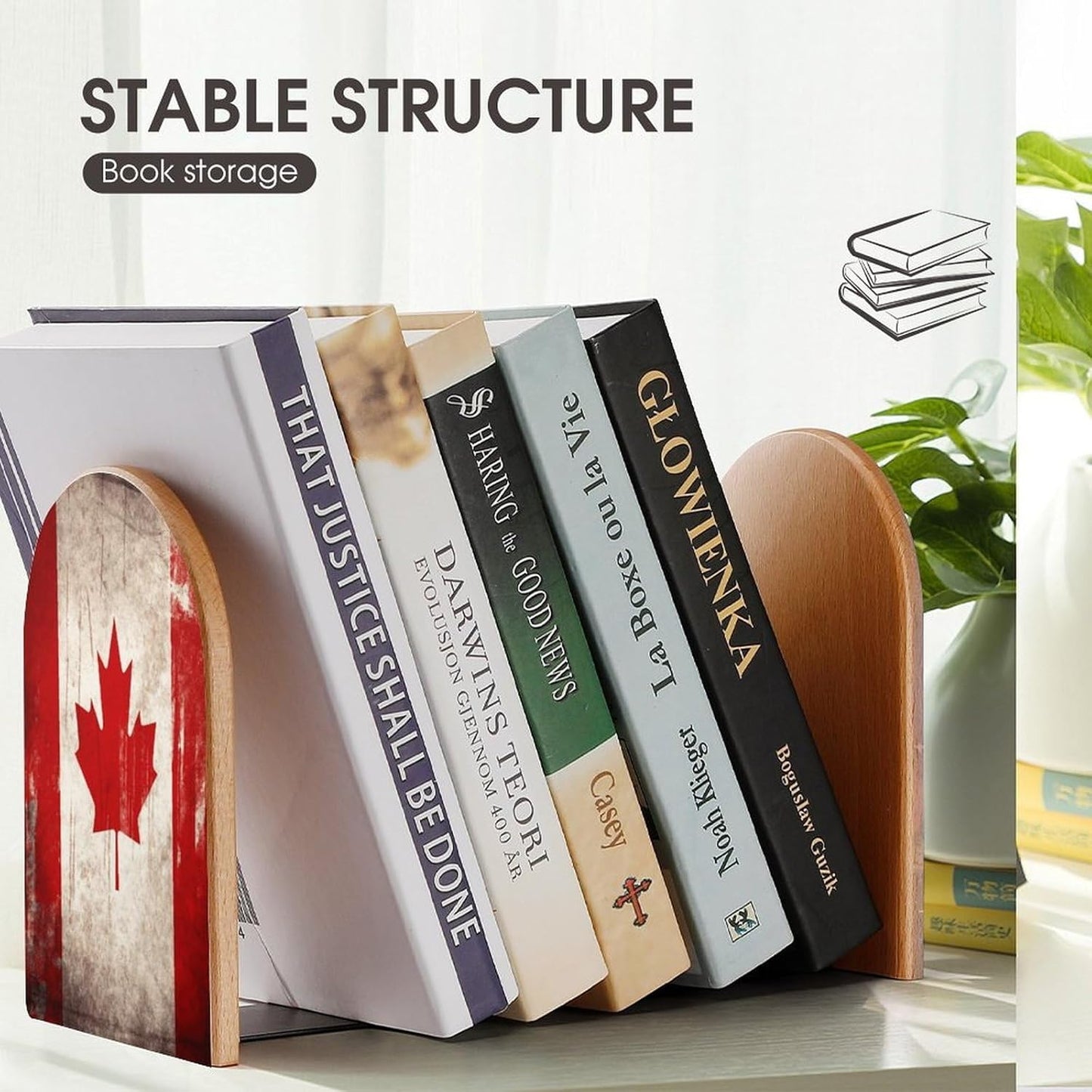Retro Canada Flag Bookend for Shelves Wooden Book End Large Size Sturdy Book Holders Stoppers with Metal Base for Bookshelves Slick Decorative Bookends Stands