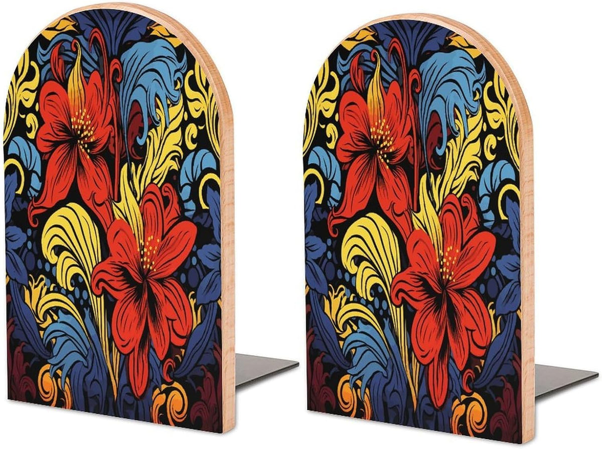 Red and Yellow Style Wooden Bookend Non-Slip Book Ends Heavy Duty Book Stopper with Metal Base Books Holderd Decorative Bookends Stands Firmly for Office Supplies