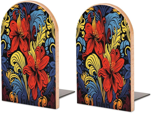 Red and Yellow Style Wooden Bookend Non-Slip Book Ends Heavy Duty Book Stopper with Metal Base Books Holderd Decorative Bookends Stands Firmly for Office Supplies