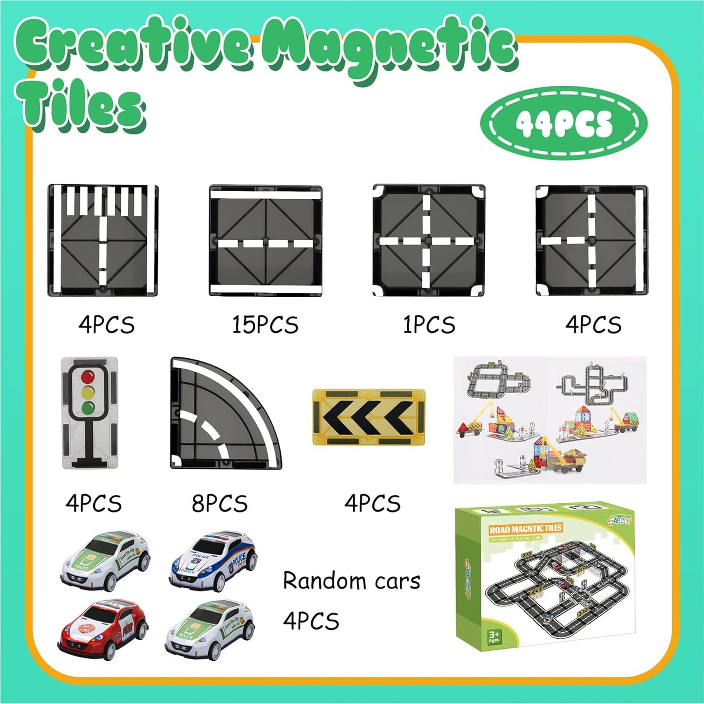 Magnetic Tiles Road Set with Pullback Car, Magnetic Blocks for Kids Ages 4-8, Magnet Tiles for Preschool STEM Building Toy, Autism Learning Sensory Montessori Toys Gift for Toddler Boys and Girls
