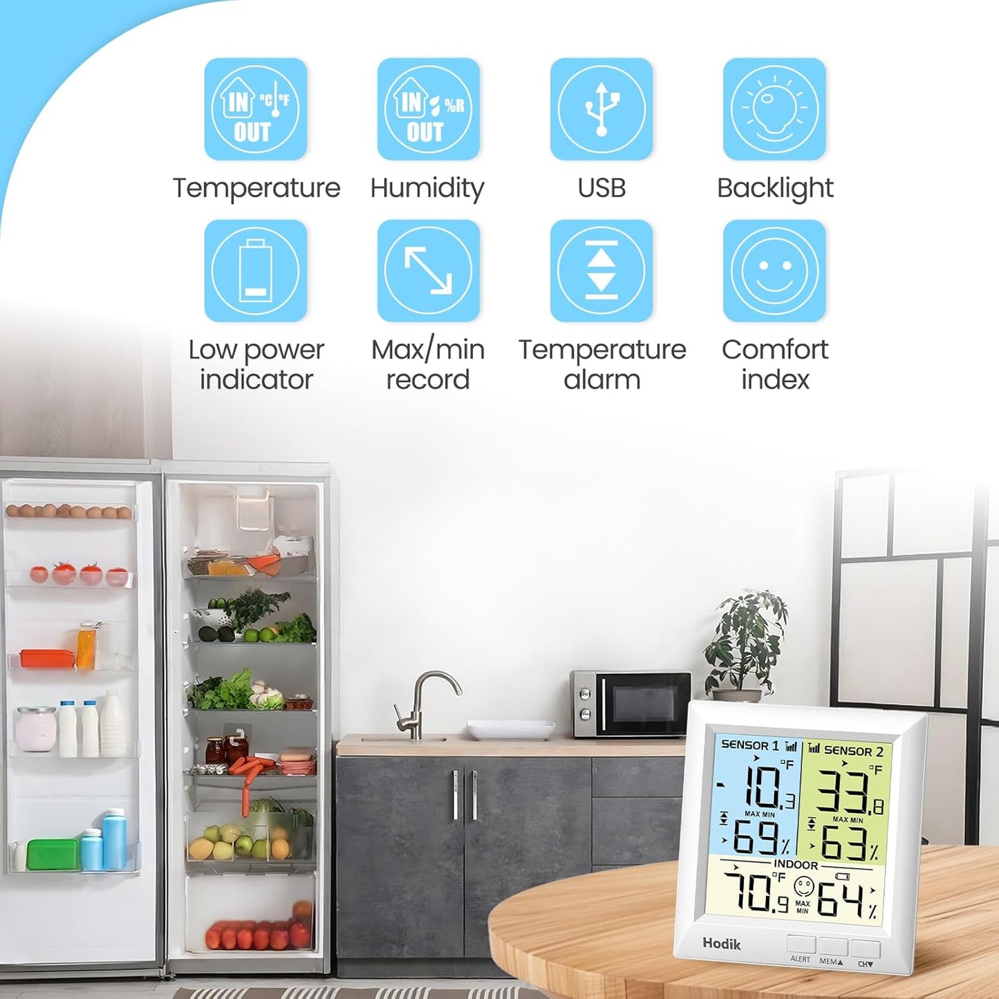 Digital wireless Thermometer, Fridge Freezer Alarm Thermometer Digital with 3 Adjustable Backlight and 330FT Remote Range for Kitchen Home Restaurant