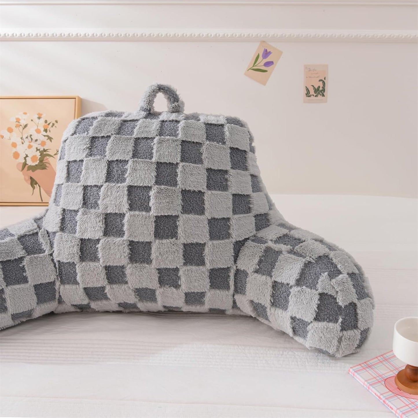 Wedge Reading Pillow with Arms — Large, Checkered, Back Support for Bed Sitting