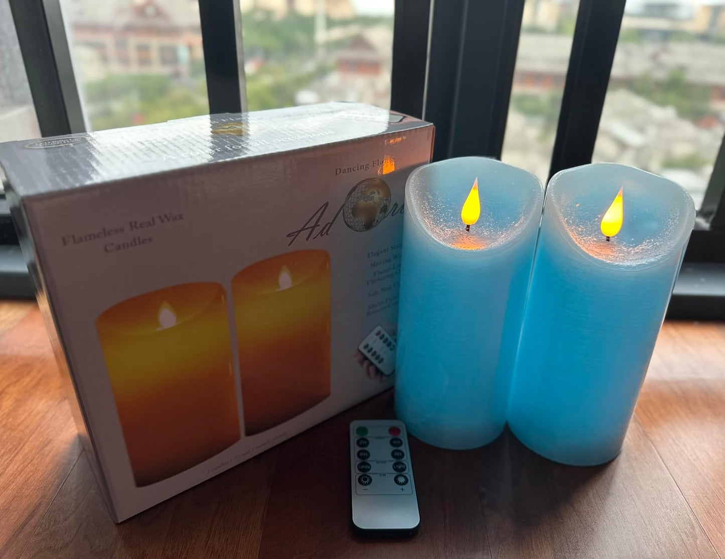 Adoria Blue Flameless Candles Large Set of 2- Real Wax Pillar Candles with Realistic 3D Flame-Ocean Scented-Dia 3.15x 7 Inch,Remote/Timer/Brightness Control,Well for Home Decor. Party, Camping