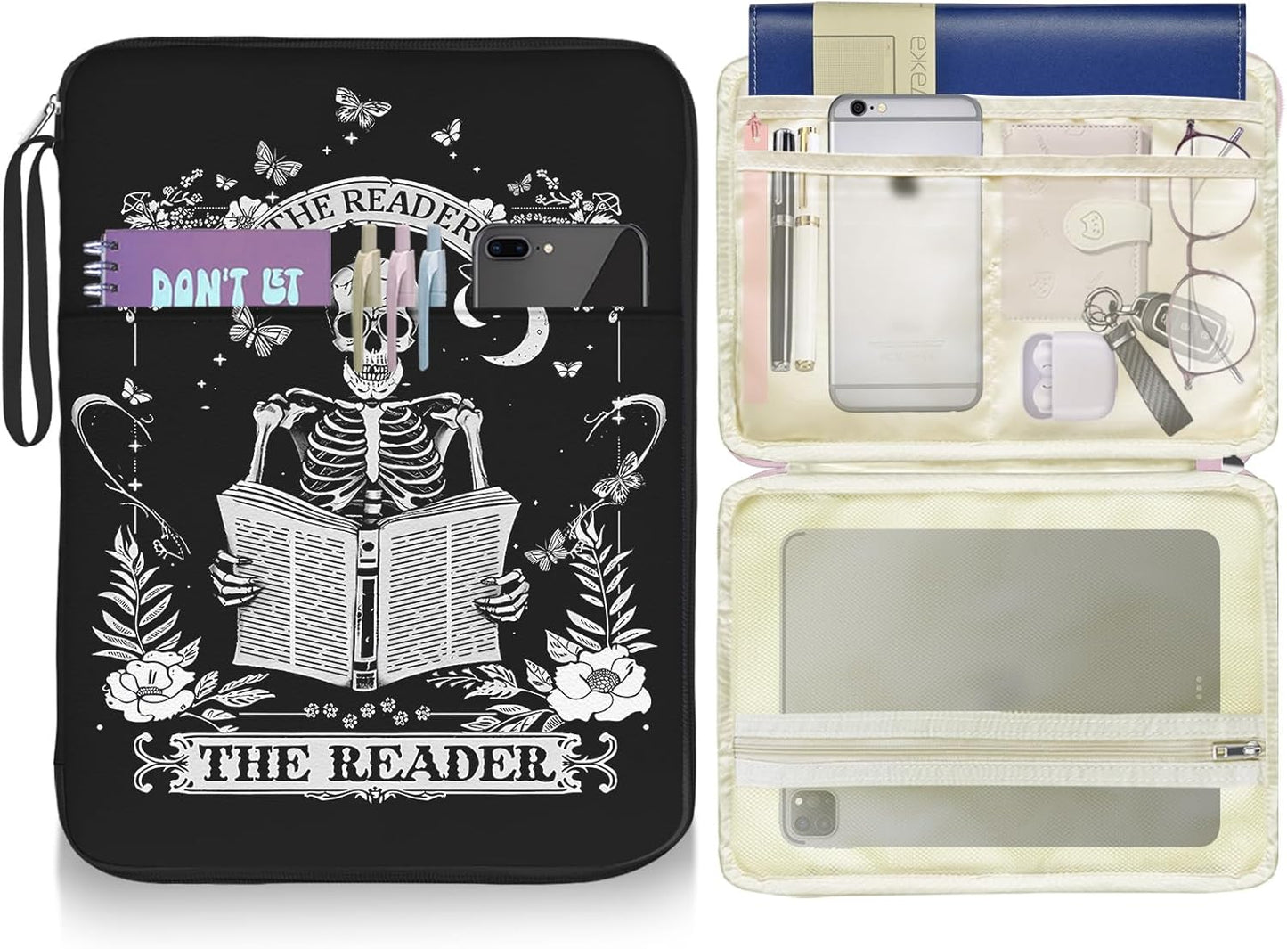 Book Sleeve Book Protector Pouch Case, Skull Book Sleeve with Zipper,Journal Book Sleeve Cover for Book Lovers Gifts, Gothic Skeleton Waterproof Book Club Gifts for Women Teacher Reader Librarian