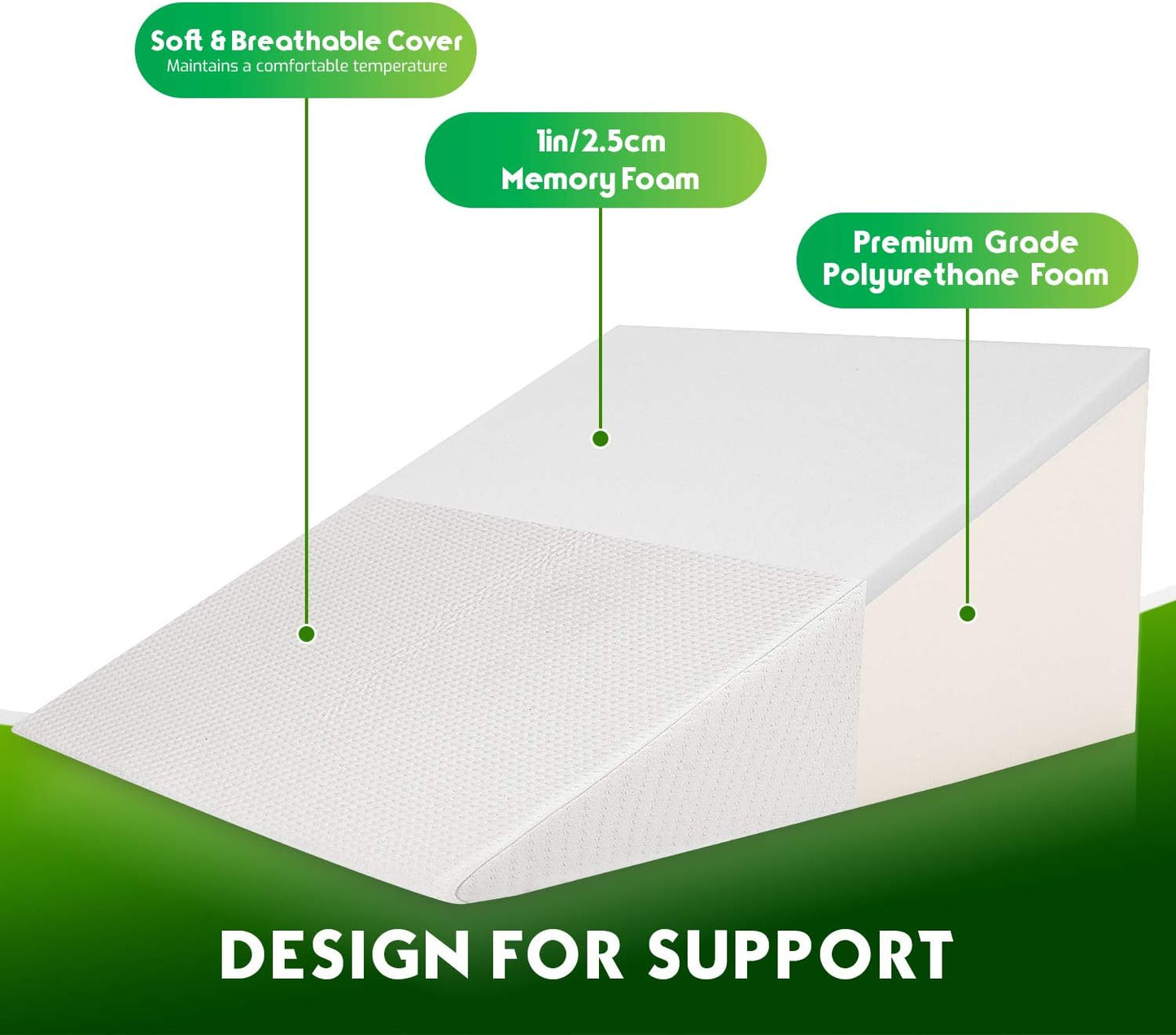 Abco Bed Wedge Pillow for Sleeping - Memory Foam Top - Reduce Neck & Back Pain, Snoring, Acid Reflux, Respiratory Problems - Ideal for Sleeping, Reading, Rest, Elevation - Washable Cover - 12in