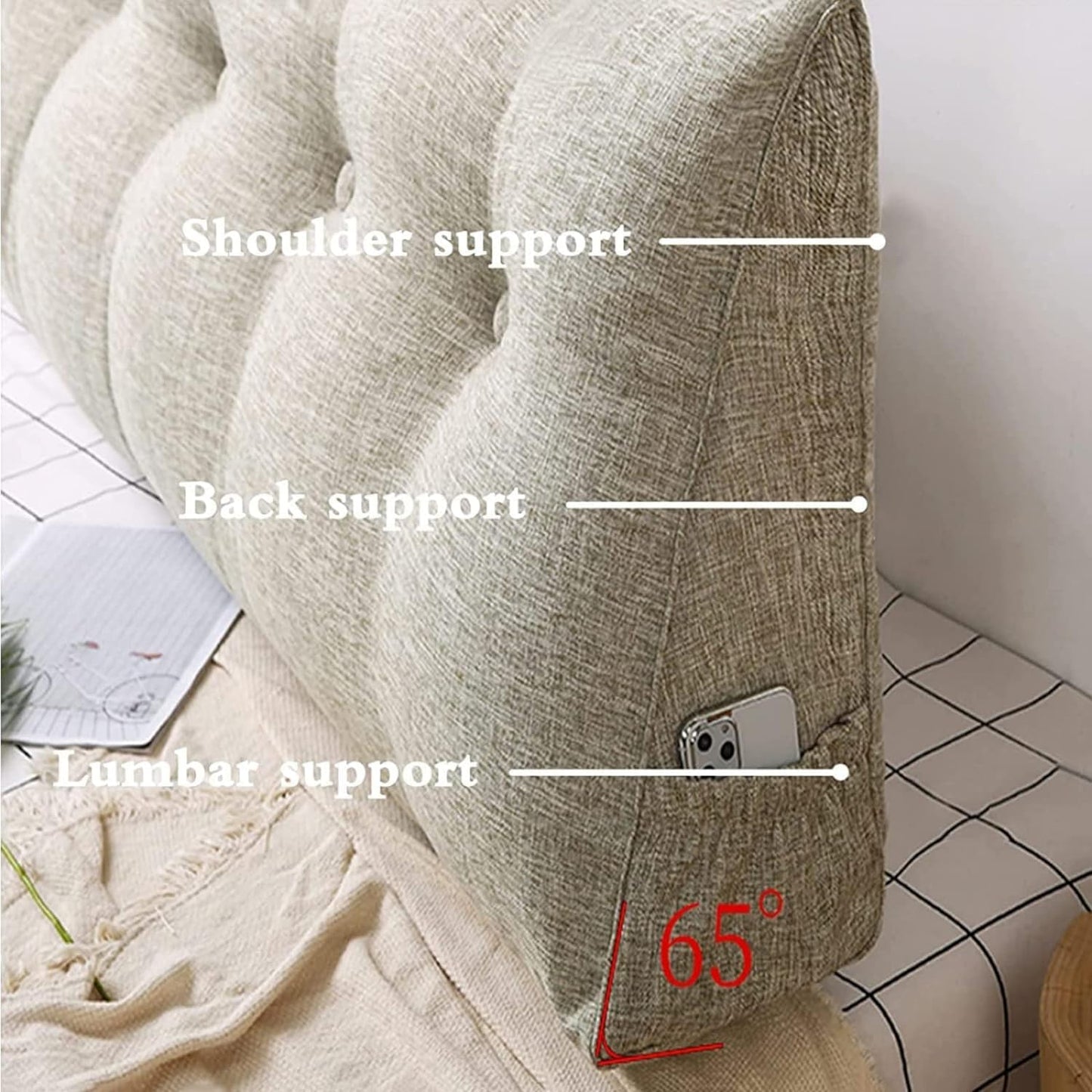 Large Triangular Headboard Pillow Wedge Pillow Decorative Reading Pillows Bed Backrest Bolster Lumbar Cushion for Sofa Bed with Removable Cover(Size:180x50x20cm,Color:F)