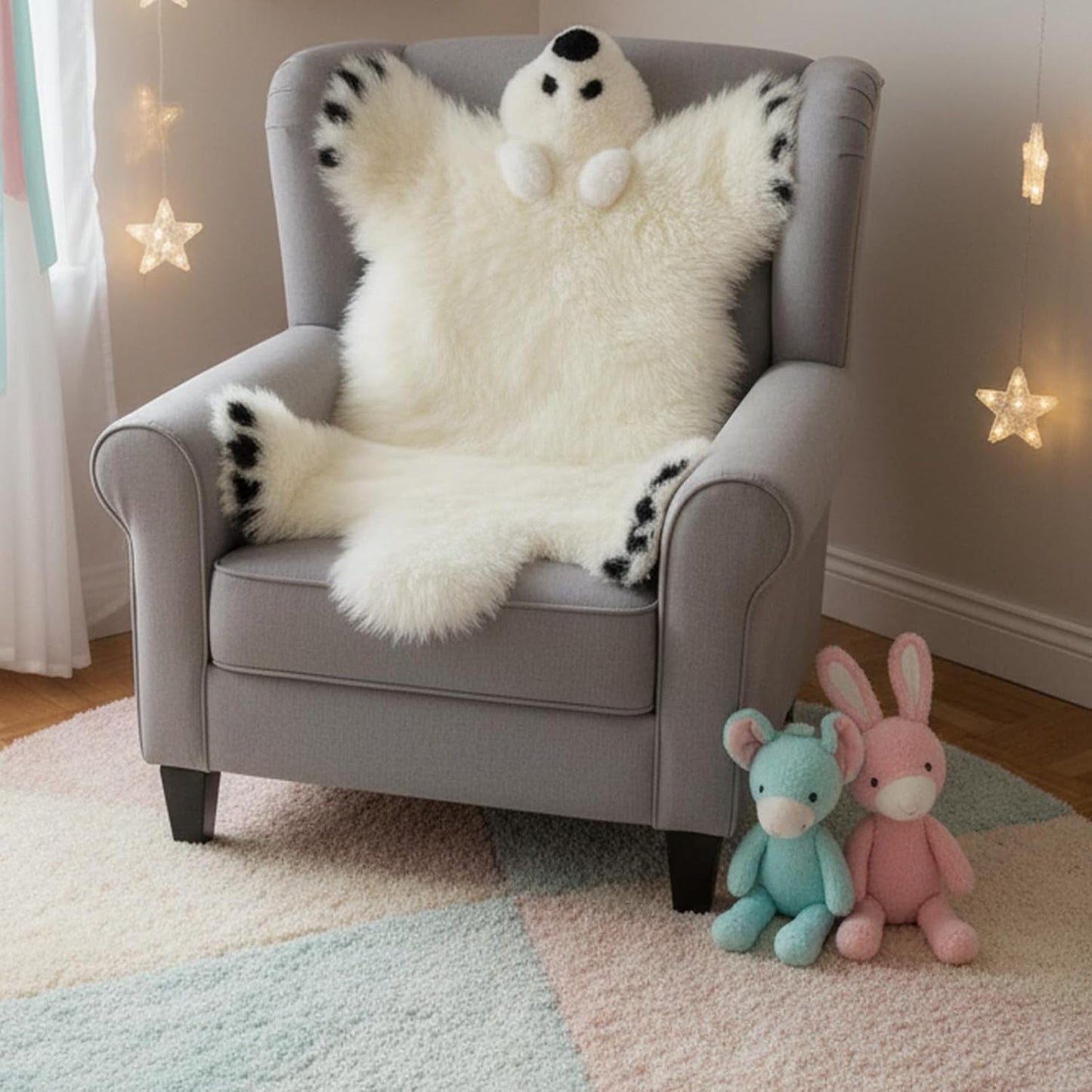 Gracefur Polar Bear Rug for Nursery - Fluffy Shaggy Sheepskin Rug for Kids Bedroom - Cute Soft Bear Animal Shaped Rug for Girls Boys Toddlers Decor