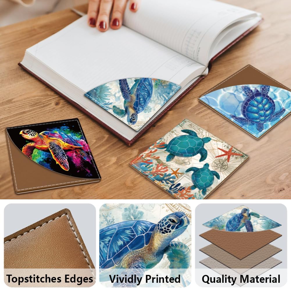 MAYJOYDIY 4Pcs Sea Turtle Corner Bookmarks 4 Styles Turtles Book Page Markers 3.5×3.5 Inch Ocean Animal Leather Book Accessories for Women Men Students Teachers Birthday Gift Reading Lovers