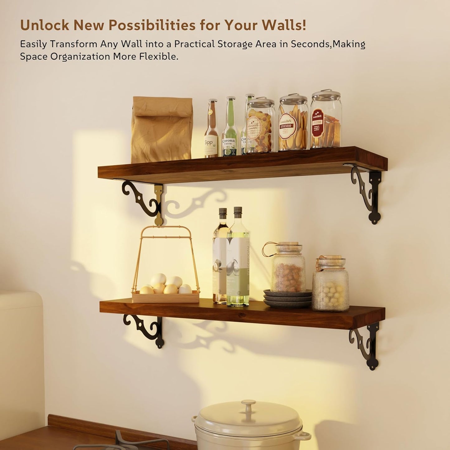 Solid Wood Floating Shelves for Wall with Metal Brackets,2 Tier 24 inch Pinewood Wall Shelf,Suitable for Multiple Places Such As Bedrooms,Kitchens,and Living Rooms(Walnut Finish)