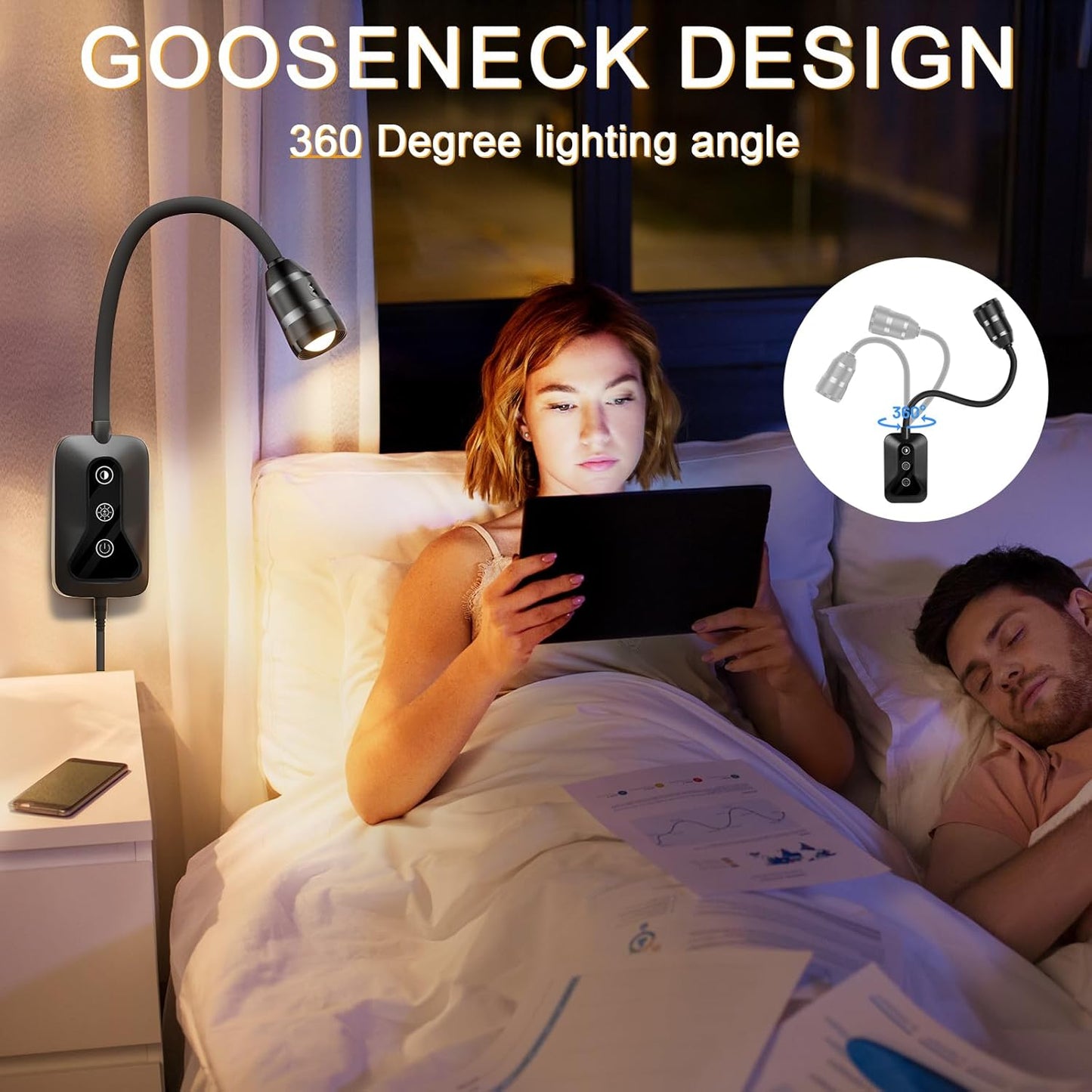 Wall Mounted LED Reading Light for Bed Headboard - 5 Color & Brightness Levels Dimmable Book Light with Touch/Wave Control, USB Output - Night Reading Lamp for Books in Bed