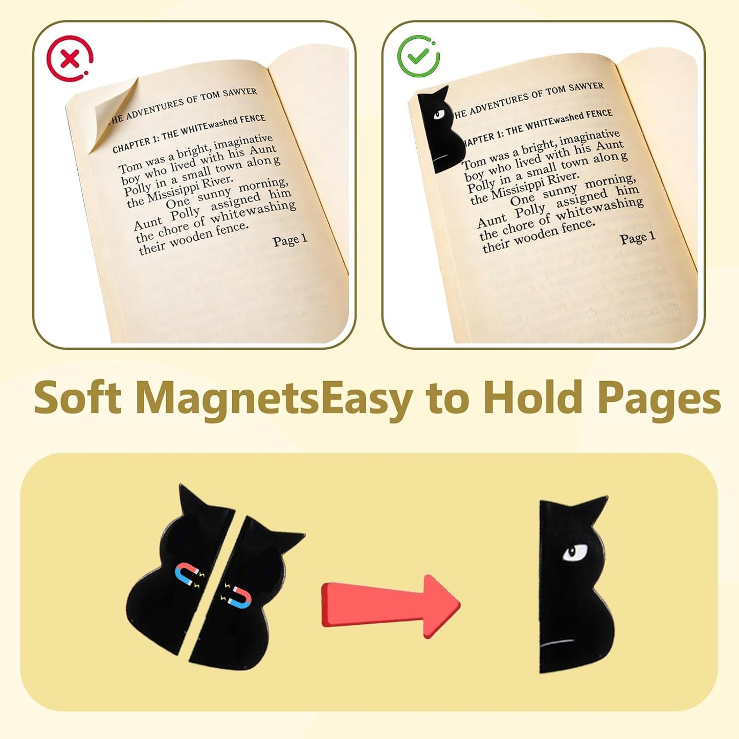 6-Pack Black Cat Magnetic Bookmarks with Wooden Thumb Book Page Holder, Cute Cat Book Mark Clips & One-Hand Book Holder for Reading, Book Lovers Gifts for Women Cat Lovers