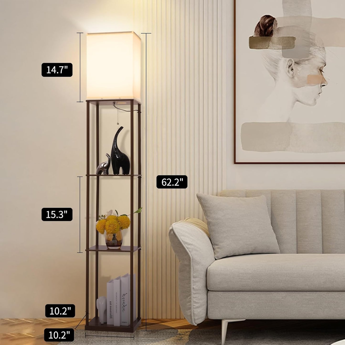 Floor Lamp with Shelves, with Modern Square Standing Lamp with Smart APP Control RGB Bulb, Corner Display Bookshelf Lamp for Living Room, Bedroom and Office(brown-9RGB)