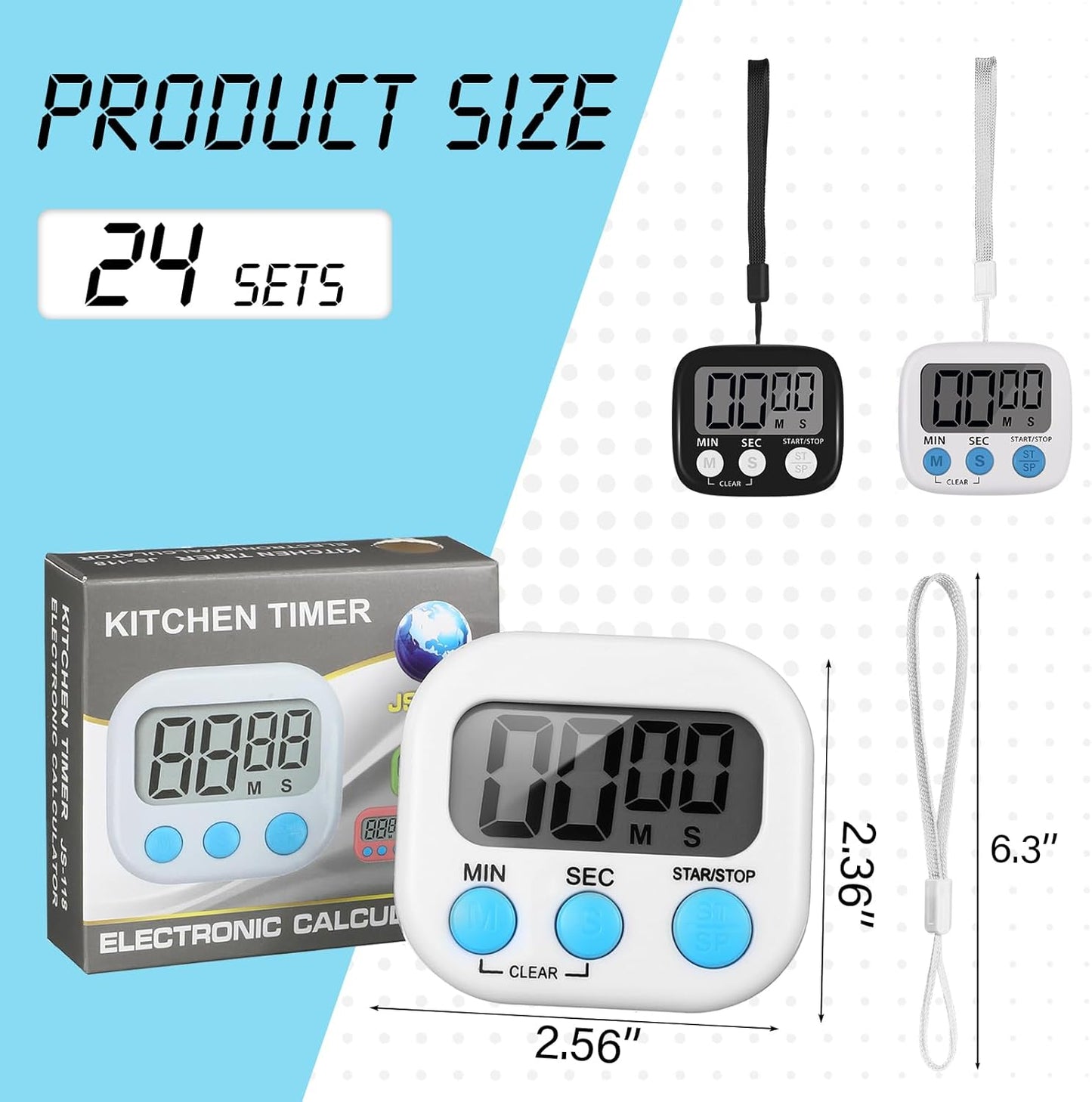 Weewooday 24 Pcs Small Digital Kitchen Timer Magnetic Back and Switch Minute Second Count up Countdown Big LCD Display Loud Alarm for Teacher Cooking Baking (Black,White)