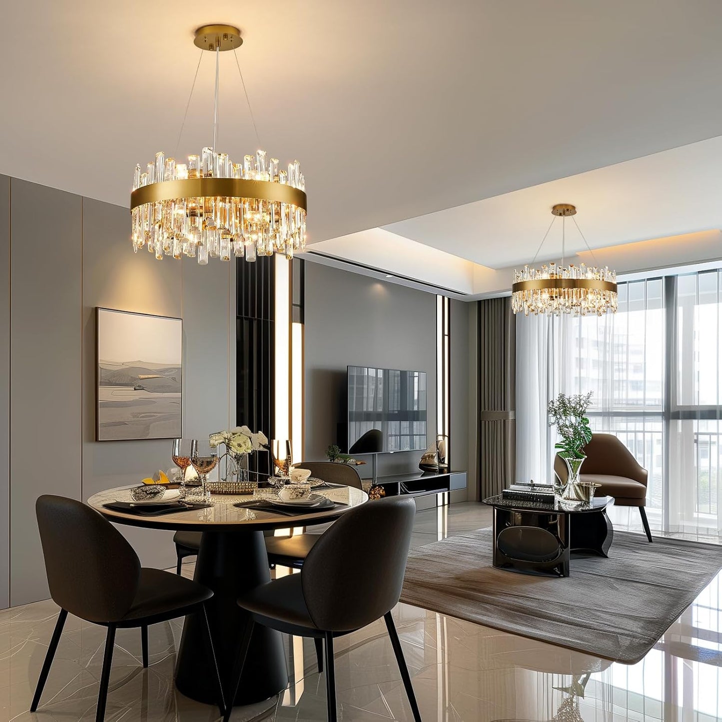 Siljoy Modern Crystal Chandelier, 12-Light Dimmable Brass Gold K9 Crystal Raindrop Chandelier, Luxury Adjustable Crystal Pendant Ceiling Light for Living Dining Room Kitchen Island Entry Foyer D19.7''
