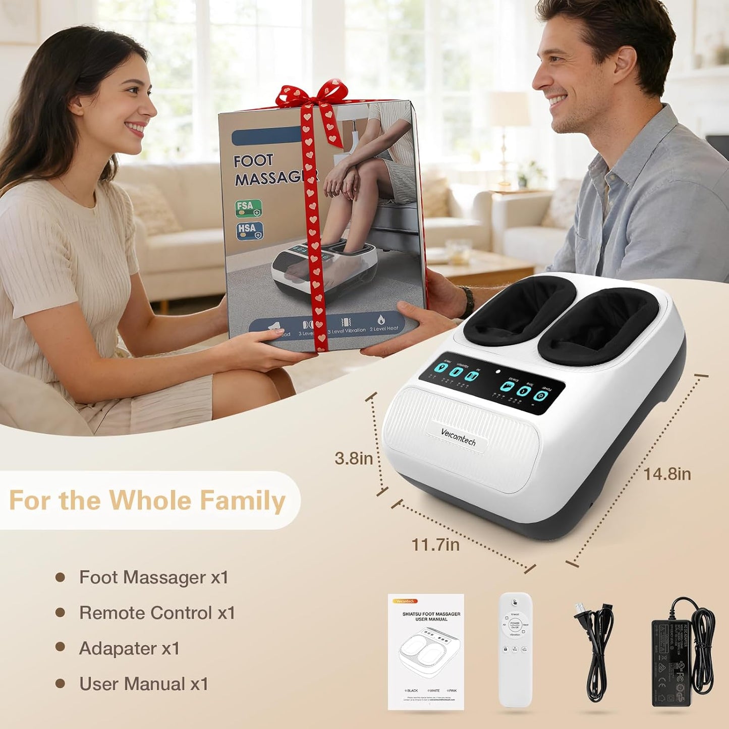 Foot Massager with Heat, Electric Foot Massager Machine for Plantar Fasciitis Neuropathy with Remote Control, Adjustable Vibration and Compression (White)
