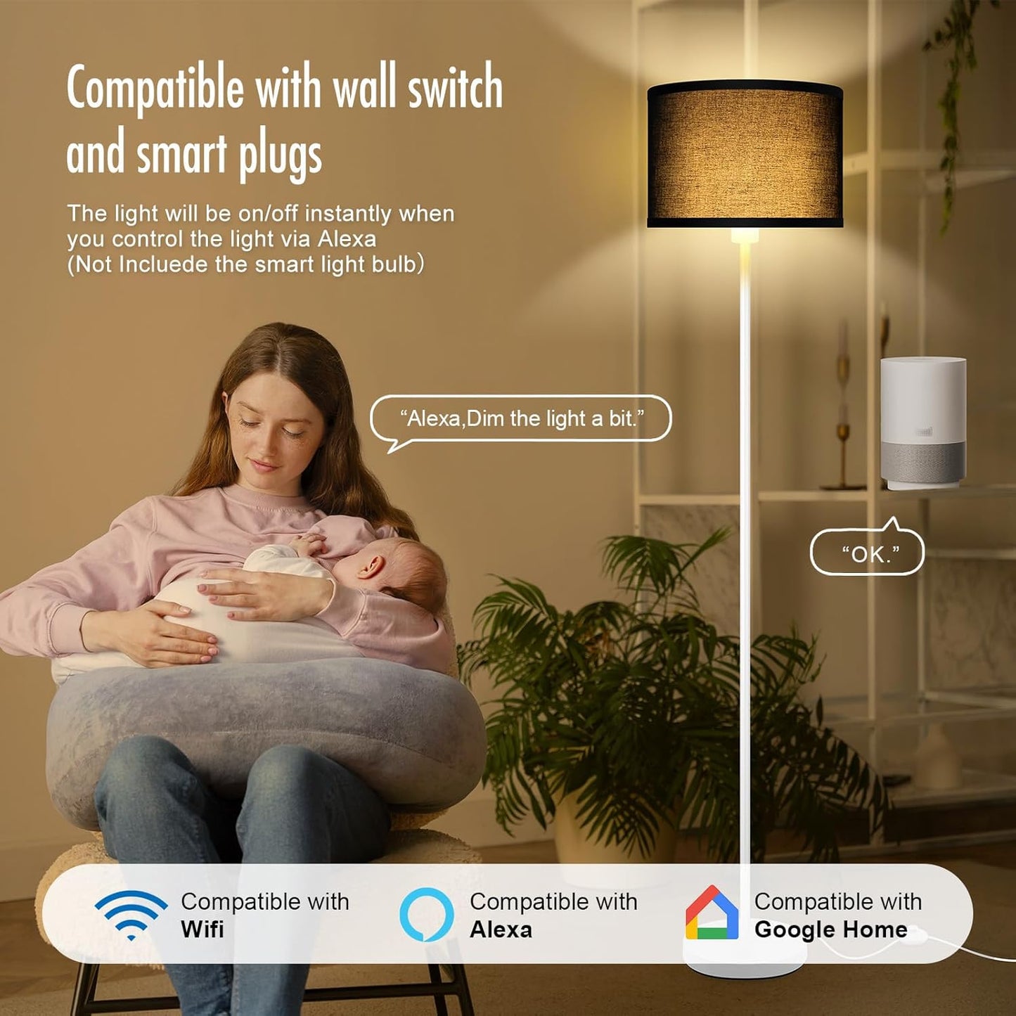 Floor Lamp White, Standing Lamp, 58" Tall Floor Lamp with Black Lampshade, Foot Pedal Switch, Modern Bright Floor Lamps for Living Room/Bedroom/Classroom/Kids Room, White Lamp for Girls' Gift(NO Bulb)