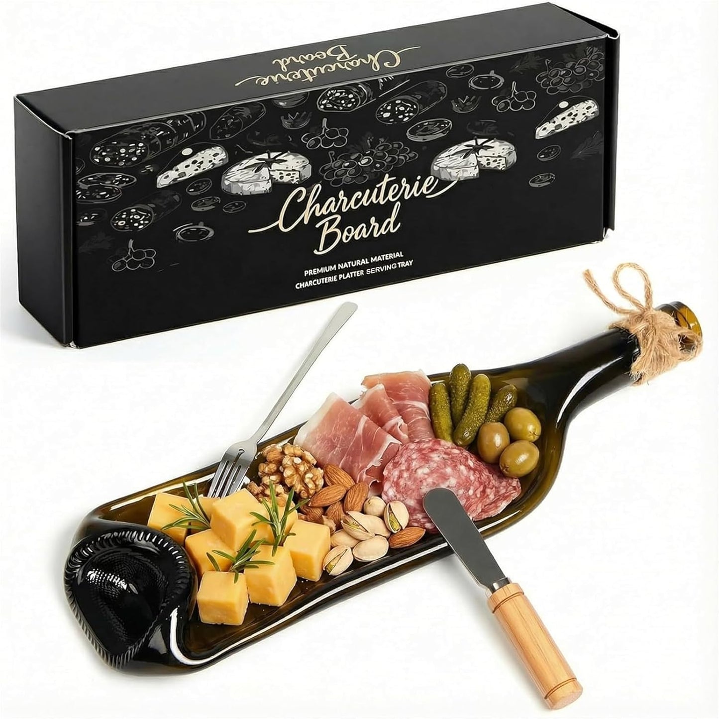 Bokon Melted Wine Bottle Serving Board Decorative Cheese Tray Charcuterie Board with Knife Fork Cracker Platter Wine Lover Gift for Accessories Gourmet Party Housewarming Mom(Brown,1 Pcs)