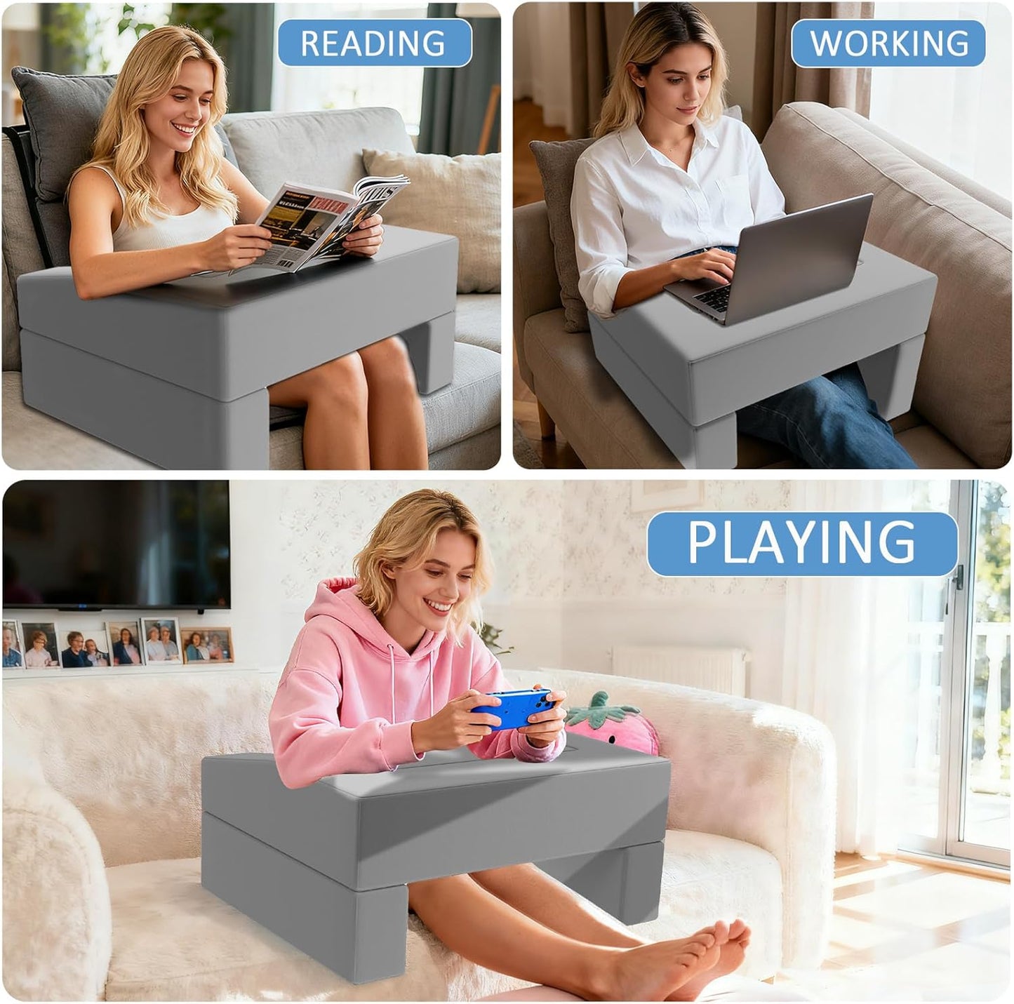 Reading Pillow for Gaming Large Lap Desk for Laptop with Back Arm Rest & Cup Holder for Adult Adjustable Gaming Pillow Memory Foam Bed Desk for Reading, Crochet, Working on Bed Floor Sofa & Couch