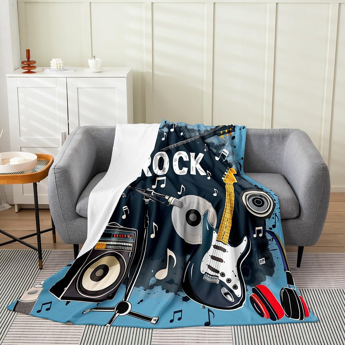 Feelyou Rock Music Plush Throw Blanket Throw 50"x60" Guitar Musical Flannel Fleece Blanket for Sofa Couch Kids Musical Instrument Blanket Music Theme