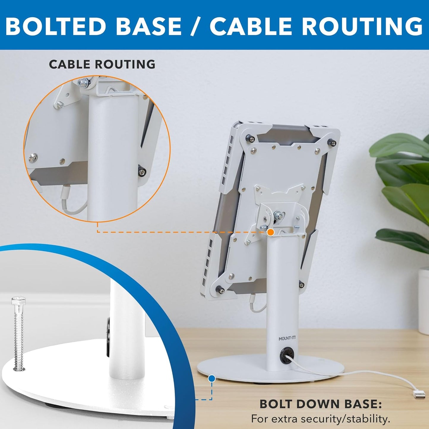 Mount-It! Universal Tablet Stand with Tilt, Anti-Theft Retail iPad POS Kiosk Stand, Fits 9.7"–13.1" Tablets, 90° Rotation & 180° Tilt, 20 lb Capacity, Steel Countertop Mount, White