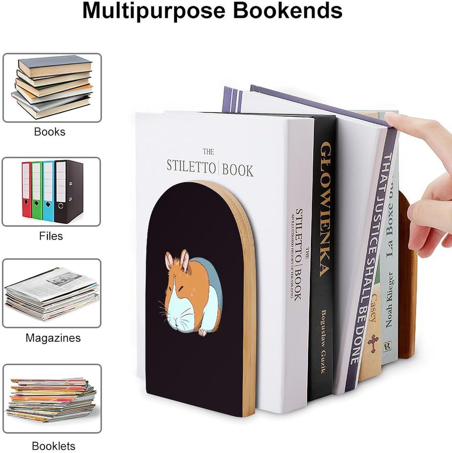 Smiling Wooden Bookend Non-Slip Book Ends Heavy Duty Book Stopper with Metal Base Books Holderd Decorative Bookends Stands Firmly for Office Supplies