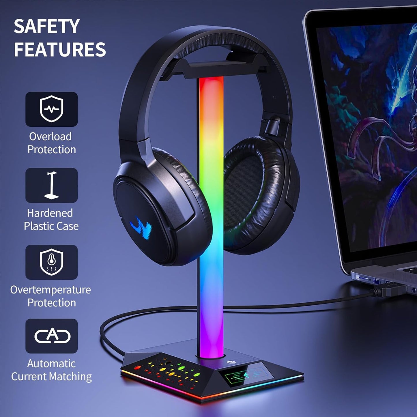 Gaming Headphone Stand PC Accessories - RGB Headset Stand with 2 USB Charger, Cool LED Headphone Holder PC Gaming Accessories for Boys Men Gamers, Computer Game Hardware for Desk