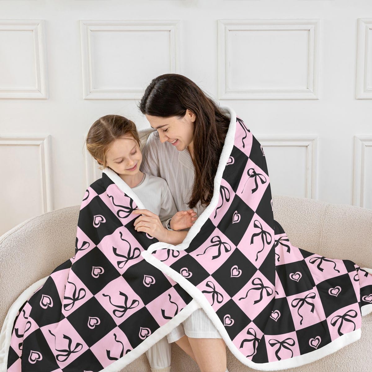Feelyou Cute Bow Sherpa Throw Blanket for Couch Pink Plaid Checkered Super Soft Cozy Fleece Pink Black Blanket for Winter, Plush Throw Twin 60"x80" All Season