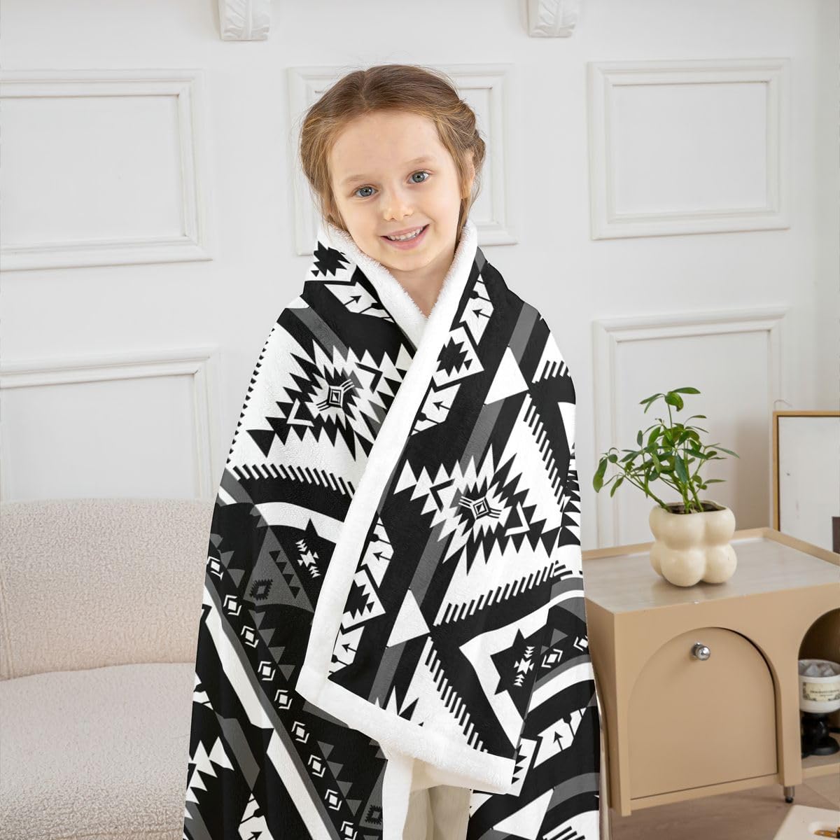 Feelyou Western Sherpa Throw Blanket for Couch Southwestern Aztec Super Soft Cozy Fleece Geometric Vintage Blanket for Winter, Plush Throw Boho Tribal Throw 50"x60" Black and White All Season