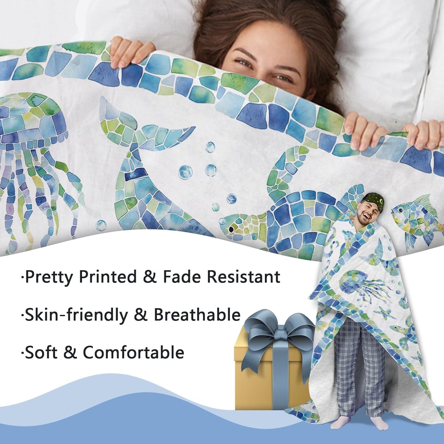 Ocean Life Mosaic Blue Flannel Throw Blanket, Coastal Whale Dolphin Octopus Sea Turtle Crab Gifts for Kids Men Women, Beach Marine Creature Soft Blanket for Bedding Sofa 50 x 60 Inches